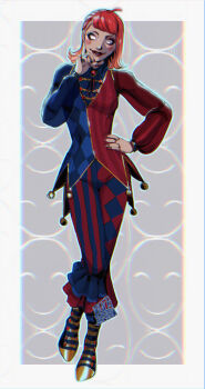 Rule 34 | 1girl, absurdres, blackberreh-art, blank eyes, boots, commentary, design speculation, english commentary, eyelashes, eyeshadow, hand on own hip, highres, jester, lips, lipstick, long sleeves, makeup, nikola orsinov, parted lips, puffy long sleeves, puffy sleeves, red lips, rouge (makeup), smile, solo, stitched fingers, stitched forehead, stitched neck, stitched wrist, stitches, the magnus archives