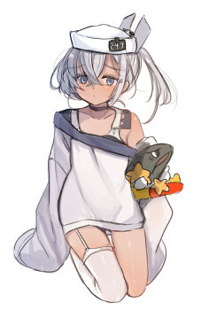 1girl black_one-piece_swimsuit dace_(kancolle) dixie_cup_hat fish garter_straps grey_eyes grey_hair hat kantai_collection kaomoji_(sagor00237) long_hair military_hat one-piece_swimsuit shirt side_ponytail single_garter_strap single_thighhigh sleeves_past_fingers sleeves_past_wrists solo swimsuit swimsuit_under_clothes thighhighs torpedo two-tone_one-piece_swimsuit white_hat white_shirt white_thighhighs