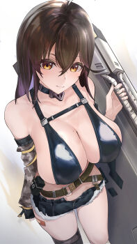 1girl absurdres bandaid_on_thigh bare_shoulders belt belt_pouch bikini bikini_top_only black_bikini black_choker breasts brown_belt camouflage_sleeves chaos_zero_nightmare chest_harness choker cleavage closed_mouth collarbone colored_inner_hair commentary cowboy_shot crossed_bangs cutoffs denim denim_shorts detached_sleeves from_above hair_between_eyes harness highres holding holding_shield large_breasts long_hair looking_at_viewer maribell_(chaos_zero_nightmare) micro_shorts mole mole_on_breast mole_under_eye multicolored_hair open_fly pouch shield shorts sidelocks skindentation smile solo standing stomach swimsuit wanghua white_background