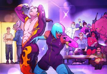 3girls 6+boys animal_ears bat_boy bat_ears beef_(dispatch) black_hair blue_hair bluegiragi closed_eyes commentary couch demon_girl demon_horns demon_tail dispatch dog eating english_commentary facial_hair flambae_(dispatch) goggles golem_(dispatch) holding holding_microphone horns invisigal_(dispatch) looking_at_another looking_to_the_side malevola_(dispatch) microphone multicolored_hair multiple_boys multiple_girls music mustache on_couch on_floor open_mouth pink_hair ponytail prism_(dispatch) punch_up_(dispatch) robert_robertson singing sitting sleeping smile sonar_(dispatch) sparkle spotlight superhero_costume sword tail tongue tongue_out waterboy_(dispatch) weapon