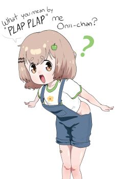 1girl absurdres brown_hair english_text flat_chest hair_ornament hairclip highres indie_virtual_youtuber leaning_forward loli lord_oscur0 midorigaki_(vtuber) open_mouth original overalls shirt short_hair simple_background speech_bubble virtual_youtuber white_background yellow_eyes