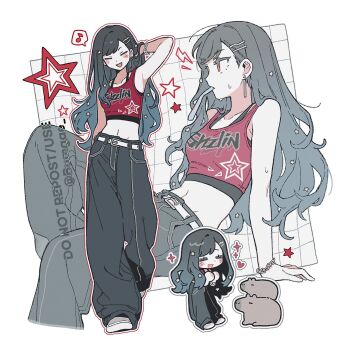 1girl arm_at_side arm_support armpits baggy_pants bare_arms bare_shoulders belt black_hair black_pants black_shirt blue_hair blush breasts capybara chain chain_bracelet chibi closed_eyes clothes_writing collarbone commentary_request crop_top cropped_shirt earrings facing_viewer full_body gradient_hair hair_behind_ear hair_lift hair_ornament hairclip hand_up heart highres jewelry knee_up korean_commentary long_hair looking_ahead medium_breasts midriff multicolored_hair multiple_views musical_note navel open_mouth orange_eyes our_golden_days_(project_sekai) outline pants project_sekai red_tank_top shiraishi_an shirt sitting sleeveless sparkle spoken_musical_note standing star_(symbol) star_hair_ornament sweat swept_bangs tank_top twitter_username undershirt watermark white_belt white_outline wo_habum