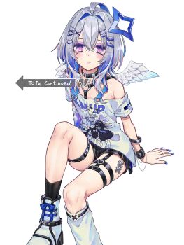 1girl alto_seneka amane_kanata bare_shoulders black_shorts blue_hair blue_halo boots feathered_wings flat_chest grey_hair halo highres hololive invisible_chair medium_hair off-shoulder_shirt off_shoulder purple_eyes shirt shorts sitting solo star_halo to_be_continued unfinished virtual_youtuber white_boots white_shirt white_wings wings