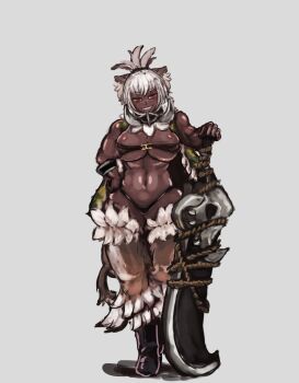 1girl animal_ears artist_request belt_bra blush breasts cleavage dark-skinned_female dark_skin female_focus female_orc grin high_orc_(monster_girl_encyclopedia) highres large_breasts looking_at_viewer monster_girl_encyclopedia muscular muscular_female navel orc red_eyes revealing revealing_clothes scar smile solo standing sword thick_thighs thighs thong udetamago underboob very_dark_skin weapon white_hair