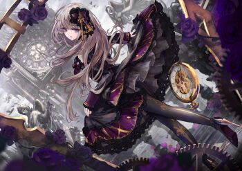 1girl :o bang_dream! bird black_dress black_pantyhose clock dress elizabeth_tower flower full_body gears grey_hair hair_flower hair_ornament high_heels highres long_hair looking_at_viewer looking_back minato_yukina missile228 pantyhose solo standing statue yellow_eyes