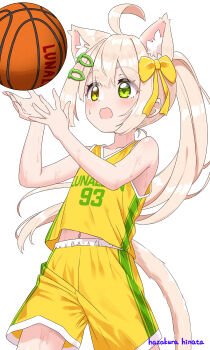 1girl absurdres ahoge animal_ear_fluff animal_ears artist_name ball basketball basketball_(object) basketball_uniform blonde_hair blush bow cat_ears cat_girl cat_tail commentary_request fish_hair_ornament flat_chest green_eyes hair_bow hair_ornament hairclip hands_up hazakura_hinata heterochromia highres kurumi_(hazakura_hinata) long_hair navel open_mouth original shirt shorts sidelocks simple_background sleeveless solo sportswear sweat tail white_background yellow_bow yellow_shirt yellow_shorts