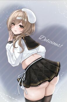 1girl absurdres ass beret black_sailor_collar black_skirt black_thighhighs blush bready_(nikke) breasts brown_eyes brown_hair closed_mouth commentary_request dotted_line english_text from_side goddess_of_victory:_nikke hair_over_shoulder hat highres large_breasts licking_lips long_hair long_sleeves looking_at_viewer looking_to_the_side low_twintails midriff muffin_top pleated_skirt plump puffy_long_sleeves puffy_sleeves sailor_collar school_uniform serafuku shirt skirt solo sunameri_(pixiv3564245) thighhighs tongue tongue_out twintails white_hat white_shirt