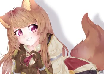 1girl animal_ear_fluff animal_ears armor armored_gloves artist_name black_dress breastplate breasts brown_gloves brown_hair collarbone collared_dress commentary cyan_paint dated dress drop_shadow elbow_gloves english_commentary eyelashes gloves grin heart heart_hands high_collar highres layered_dress leaning_forward leather_armor long_hair long_sleeves looking_at_viewer making-of_available metal_arm_cuffs metal_wrist_cuffs neck_ribbon open_mouth pauldrons pink_eyes pinstripe_dress pinstripe_pattern raccoon_ears raccoon_girl raccoon_tail raphtalia red_dress red_ribbon ribbon short_dress shoulder_armor signature simple_background single_pauldron sleeveless sleeveless_dress smile solo swept_bangs tail tate_no_yuusha_no_nariagari two-tone_dress upper_body watermark white_background white_dress