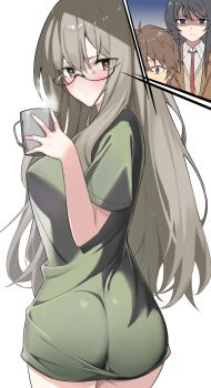 1boy 2girls absurdres ass ass_focus azusagawa_sakuta blush breasts brown_eyes brown_hair brown_jacket clinging closed_mouth collared_shirt cup futaba_rio glaring glasses grey_hair hair_ornament hairclip highres holding holding_cup inset jacket large_breasts long_hair long_shirt looking_at_viewer looking_back mizumok1 multiple_girls narrow_waist necktie nervous red_necktie sakurajima_mai see-through_clothes see-through_shirt seishun_buta_yarou shirt short_hair short_sleeves simple_background steam vest wavy_hair white_background wide_hips