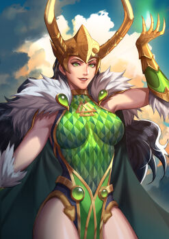 1girl alternate_form armor black_hair breasts cape commentary eilinna english_commentary fake_horns fur-trimmed_cape fur_trim genderswap gloves green_cape green_eyes highres horned_headwear horns lady_loki large_breasts loki_(marvel) long_hair looking_at_viewer marvel marvel_rivals smile solo thor_(marvel)_(series) valknut_(symbol)
