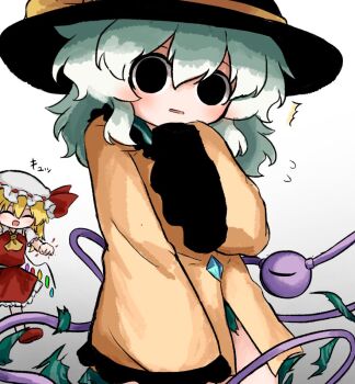 2girls ascot black_eyes black_hat blonde_hair blush bottomless bow buttons clenched_hand closed_eyes collar convenient_censoring cowboy_shot crystal_wings diamond_button empty_eyes exploding_clothes flandre_scarlet floral_print floral_print_skirt frilled_skirt frilled_sleeves frills gradient_background green_collar green_hair green_skirt hand_up hat hat_bow hat_ribbon heripantomorrow komeiji_koishi long_sleeves looking_at_viewer mob_cap multiple_girls open_mouth print_skirt red_bow red_shoes red_skirt red_vest ribbon shirt shoes short_sleeves side_ponytail skirt skirt_set smile surprised third_eye touhou translation_request vest white_shirt wide_sleeves wings yellow_ascot yellow_bow yellow_ribbon yellow_shirt