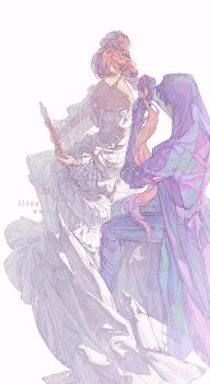 Rule 34 | 1boy, 1girl, black gloves, black pants, braiding another's hair, breasts, brown hair, chaoxibumian, cleavage, collarbone, couple, dress, gloves, hair between eyes, hetero, highres, holding, holding mirror, hood, hood up, hooded coat, light smile, long dress, long hair, looking at another, love and deepspace, medium breasts, mirror, off-shoulder dress, off shoulder, pants, purple hair, rafayel (love and deepspace), short hair, updo, white background, white dress