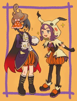 Rule 34 | 1boy, 1girl, acerola (fall 2020) (pokemon), acerola (pokemon), allister (fall 2022) (pokemon), allister (pokemon), amajilu, black footwear, boots, brown hat, full body, hat, highres, mask, nintendo, official alternate costume, pokemon, pokemon masters ex, purple eyes, purple hair, sleeves past wrists, smile, standing, yellow background