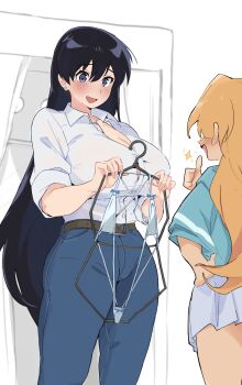 2girls absurdres arato_nagi belt black_hair blush breasts bursting_breasts cleavage commentary_request denim ear_piercing embarrassed eyebrows_hidden_by_hair from_behind green_shirt gya2021 hair_between_eyes hand_on_own_hip highres holding holding_swimsuit holding_unworn_clothes huge_breasts jeans long_hair looking_at_another looking_at_object looking_down multiple_girls open_mouth pants piercing purple_eyes purple_skirt ruri_no_houseki shirt skirt smile swimsuit swimsuit_hanger tanigawa_ruri thumbs_up unworn_swimsuit very_long_hair white_shirt