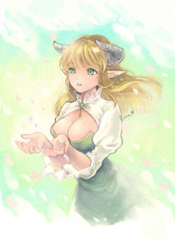 Rule 34 | 1girl, adapted costume, arch bishop (ragnarok online), blonde hair, breasts, cleavage, cleavage cutout, clothing cutout, commentary request, dress, gobaku no hito, green background, green dress, green eyes, grey horns, highres, horns, juliet sleeves, large breasts, long hair, long sleeves, petals, pointy ears, puffy sleeves, ragnarok masters, ragnarok online, solo, upper body, white dress