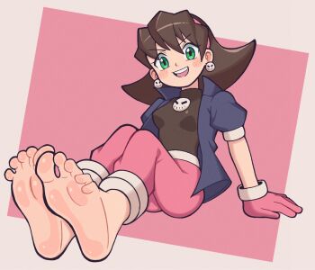 1girl alternate_universe anklet bad_tag baggy_pants barefoot black_bodysuit bodysuit bracelet brown_hair castussan commission earrings gloves green_eyes headband highres jacket jewelry mega_man_(series) mega_man_legends_(series) open_clothes open_jacket open_mouth pants pink_gloves pink_headband pink_pants skull_earrings skull_ornament soles toes tron_bonne_(mega_man) vgen_commission