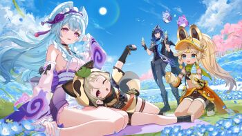 1boy 3girls absurdres animal_ear_fluff animal_ears animal_hood aqua_hair arm_tattoo black_choker black_gloves black_hood black_jacket black_pants blonde_hair blue_eyes blue_hair blue_scarf blush breasts brown_shorts choker closed_mouth crop_top detached_sleeves facial_mark fake_animal_ears fingerless_gloves food frilled_hairband frills genshin_impact gloves green_scarf hair_between_eyes hairband heterochromia highres holding holding_food holding_ice_cream holding_ice_cream_cone hood hood_up ice_cream ice_cream_cone jacket japanese_clothes kachina_(genshin_impact) kimono leaf leaf_on_head long_hair looking_at_viewer medium_breasts multicolored_hair multiple_girls nihongami official_art one_eye_closed open_mouth ororon_(genshin_impact) pants pink_eyes pink_kimono pink_sleeves pointy_ears purple_eyes raccoon_ears red_eyes sayu_(genshin_impact) scarf second-party_source short_hair shorts smile tail tattoo very_long_hair visor_cap yellow_gloves yellow_hood yu-ri_(arium047) yumemizuki_mizuki