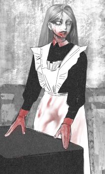1girl alternate_costume alternate_hairstyle apron baldur&#039;s_gate baldur&#039;s_gate_3 blank_eyes blood blood_on_face blood_on_hands cowboy_shot dungeons_&amp;_dragons dungeons_&amp;_dragons facing_viewer greyscale highres kong_wu_shanye long_hair maid monochrome orin_the_red solo spot_color standing