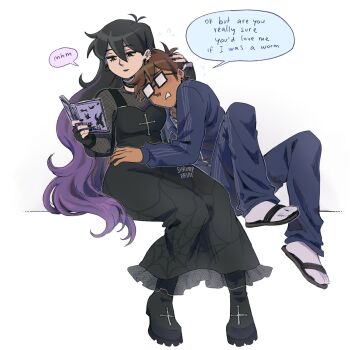 1boy 1girl absurdres alternate_costume alternate_universe antenna_hair artist_name bespectacled black-framed_eyewear black_boots black_choker black_dress black_hair black_lips black_nails black_sandals black_shirt black_shoes blue_pants blue_shirt book boots breasts bright_pupils brown_hair choker cleavage clenched_teeth closed_mouth collared_shirt colored_tips commentary cross cross_print dark-skinned_male dark_skin double-parted_bangs dress earrings english_commentary english_text fishnet_top fishnets flying_sweatdrops frilled_dress frills full_body glasses hair_behind_ear hair_between_eyes hand_on_another&#039;s_head hand_on_another&#039;s_hip hero_(faraway)_(omori) hero_(omori) highres holding holding_book invisible_chair jewelry knees_together_feet_apart knees_up long_dress long_hair long_sleeves looking_at_object mari_(faraway)_(omori) mari_(omori) multicolored_hair nail_polish necklace no_sclera omori open_book pants puffy_long_sleeves puffy_sleeves purple_hair raised_inner_eyebrows rectangular_eyewear sandals see-through_cleavage see-through_clothes shirt shoes short_hair shrimperini simple_background sitting sleeveless sleeveless_dress small_breasts smile socks speech_bubble spider_web_print spiked_ear_piercing teeth triple_vertical_stripe two-tone_hair very_long_hair very_short_hair wavy_hair white_background white_pupils white_socks