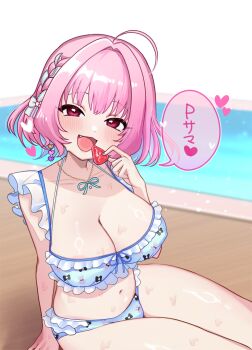 1girl ahoge areola_slip bare_shoulders bikini blue_bikini blush braid breasts cleavage collarbone colored_inner_hair covered_erect_nipples fang fanged_bangs fingernails food fruit hair_intakes hair_ribbon heart highres holding holding_food holding_fruit huge_breasts idolmaster idolmaster_cinderella_girls idolmaster_cinderella_girls_starlight_stage jewelry looking_at_viewer medium_hair multicolored_hair navel necklace ocean open_mouth outdoors pink_eyes pink_hair print_bikini ribbon rock_salt_(himalaya) sitting smile solo speech_bubble stomach strawberry swimsuit thighs two-tone_hair white_background white_ribbon yumemi_riamu