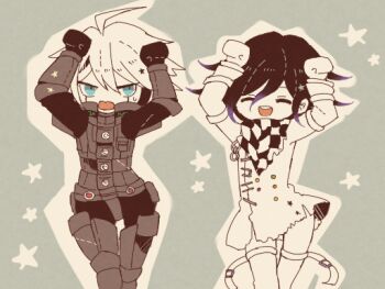 2boys ^_^ ahoge android aqua_background arm_belt belt belt_buckle black_hair black_scarf blue_eyes buckle buttons caramelldansen chain checkered_clothes checkered_scarf clenched_hands closed_eyes colored_tips cowboy_shot dancing danganronpa_(series) danganronpa_v3:_killing_harmony dotted_line double-breasted embarrassed hair_between_eyes hands_on_own_head happy jacket k1-b0 layered_sleeves long_sleeves male_focus multicolored_hair multiple_belts multiple_boys oma_kokichi open_belt open_mouth outline pants paw_pose purple_hair scarf short_hair simple_background smile star_(symbol) sweatdrop teeth thigh_belt thigh_strap torn_clothes torn_jacket torn_scarf toskogahazan two-tone_scarf upper_teeth_only v-shaped_eyes white_belt white_hair white_jacket white_outline white_pants white_scarf