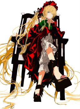 1girl black_ribbon blonde_hair bonnet bow capelet chair classic_lolita dress flower footwear_flower full_body green_bow head_rest highres lolita_fashion lomizuki long_hair looking_at_viewer mary_janes pants red_bonnet red_capelet red_dress ribbon rozen_maiden shinku shoes sitting sketch solo very_long_hair white_background white_pants