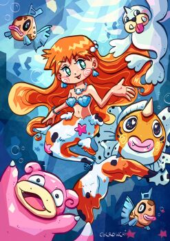 1girl :d air_bubble animal bare_shoulders bikini blue_eyes blush blush_stickers bracelet breasts bubble cocrowchi coral earrings fangs fangs_out feebas fish gem gen_1_pokemon gen_3_pokemon green_eyes hair_ornament horns jewelry light_rays long_hair looking_at_viewer mermaid mermaid_misty_(pokemon) misty_(pokemon) monster_girl monsterification navel necklace nintendo open_mouth orange_hair pearl_(gemstone) pearl_bracelet pearl_necklace pokemon pokemon_(anime) pokemon_(classic_anime) pokemon_rgby seaking seashell seel shell shell_bikini shell_necklace single_horn slowpoke smile star_(symbol) swimsuit tongue tongue_out underwater very_long_hair
