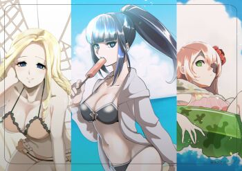3girls artist_name bikini black_bikini blonde_hair blue_eyes blue_hair blunt_bangs breasts brown_hair cleavage collarbone cz2128_delta drill_hair eyepatch floating_hair food frilled_bikini frills green_eyes grey_jacket grin halterneck hand_in_own_hair holding holding_food hood hood_down hooded_jacket innertube jacket long_hair looking_at_viewer masiro medium_breasts multiple_girls narberal_gamma open_clothes open_jacket overlord_(maruyama) pink_bikini popsicle smile solution_epsilon split_screen swim_ring swimsuit very_long_hair