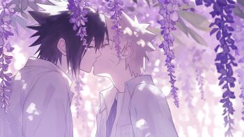 2boys absurdres black_hair blonde_hair closed_eyes collared_shirt facial_mark flower hair_between_eyes haruiro_(hrm_ino) hashtag-only_commentary highres kiss male_focus multiple_boys naruto_(series) purple_flower school_uniform shirt shirt_under_shirt short_hair spiked_hair uchiha_sasuke upper_body uzumaki_naruto whisker_markings white_shirt wisteria yaoi
