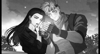 1boy 1girl battle_tendency caesar_anthonio_zeppeli closed_mouth facial_mark feather_hair_ornament fingerless_gloves gloves gooonja hair_ornament headband holding holding_lighter jacket jojo_no_kimyou_na_bouken lighter lighting_cigarette lisa_lisa long_hair mature_female monochrome short_hair