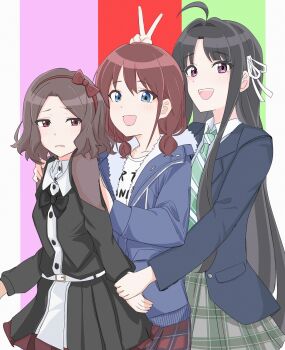 3girls ahoge awa_subaru black_bow black_bowtie black_dress blue_eyes blue_jacket blush bow bowtie brown_hair collared_shirt commentary_request diagonal-striped_clothes diagonal-striped_necktie dress ebizuka_tomo girls_band_cry green_necktie green_skirt grey_hair hair_bow hair_ribbon hairband highres holding_another&#039;s_wrist iseri_nina jacket low_twintails multiple_girls n_nai_nai_n necktie open_clothes open_jacket open_mouth parted_bangs plaid_clothes plaid_skirt purple_eyes red_bow red_eyes red_hairband ribbon school_uniform shirt short_hair short_twintails sidelocks skirt striped_clothes teeth twintails upper_teeth_only v white_ribbon white_shirt