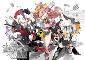 1boy 3girls amillion_(zenless_zone_zero) anby_demara anby_demara_(silver_soldier) animal_ear_fluff animal_ears arm_warmers ascot billy_kid billy_kid_(starlight) black_boots black_hair black_hairband black_jacket boots bracelet braid braided_sidelocks breasts burger_hair_ornament cable cable_tail cat_ears cat_girl cat_tail chain chain_around_arm clothed_robot coin commentary_request cropped_jacket denim denim_shorts denim_vest fingerless_gloves fishnet_shorts fishnet_socks fishnets food-themed_hair_ornament fur-trimmed_jacket fur-trimmed_vest fur_trim ghost_print gloves gold_collar grey_hair hair_ornament hairband hand_up horns humanoid_robot jacket jewelry large_breasts leg_warmers long_hair mechanical_tail multiple_girls multiple_tails navel nekomiya_mana nicole_demara nicole_demara_(cunning_cutie) official_alternate_costume on_one_knee open_mouth orange_ascot orange_eyes pink_arm_warmers pink_hair pink_leg_warmers pink_tube_top red_eyes red_hairband red_scarf ribbon robot robot_boy scarf short_hair shorts shrug_(clothing) sideboob_cutout sidelocks socks sparkle spiked_bracelet spiked_hair spikes strapless stuffed_toy tail thigh_boots throwing throwing_money to_te_na tube_top two_side_up two_tails vest white_background white_gloves white_hair white_shrug yellow_eyes yellow_ribbon zenless_zone_zero