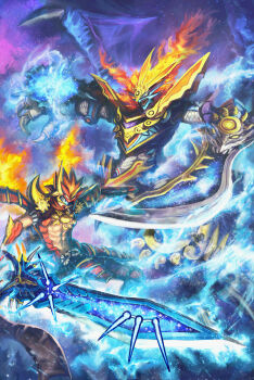 1boy absurdres armor assault_visor blue_aura blue_visor brown_hair brown_scarf commentary_request dragon duel_masters duel_masters_play&#039;s fire glenmalt_(duel_masters) highres holding holding_sword holding_weapon huge_weapon muscular muscular_male red_armor robuja scarf shoulder_armor sword vambraces weapon