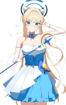 1girl adapted_costume blonde_hair blue_archive blue_eyes breasts cleavage crescent highres idol_clothes long_hair ribbon skirt staff sukasusu_51te toki_(blue_archive) v