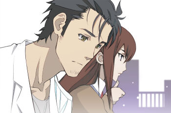 1boy 1girl beard_stubble black_hair brown_hair brown_jacket collarbone commentary_request expressionless facial_hair grey_shirt jacket lab_coat long_hair makise_kurisu necktie ny0r0ny0r0 okabe_rintarou red_necktie science_adventure shirt short_hair steins;gate stubble t-shirt worried