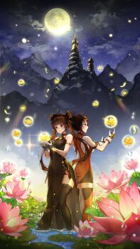 Rule 34 | 2girls, absurdres, armband, back-to-back, black dress, black thighhighs, breasts, brown eyes, brown hair, china dress, chinese clothes, cupping hands, double bun, dress, dual persona, dungeon and fighter, eyebrows hidden by hair, falling petals, female fighter (dungeon and fighter), female nen master (dungeon and fighter), female striker (dungeon and fighter), flower, full moon, gloves, glowing flower, hair between eyes, hair bun, hair ornament, hair stick, hands up, highres, long hair, lotus, medium breasts, milcona, moon, mountain, mountainous horizon, multiple girls, night, own hands together, parted lips, petals, ponytail, sideboob, sky, sleeveless, spire, star (sky), starry sky, tassel, thighhighs, wading, water, water drop, white gloves