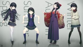 1girl ;) black_hair black_socks blue_eyes bow braid coat doyagao enpera floral_print full_body glasses hair_bow hair_ornament hairclip hakama hakama_skirt highres japanese_clothes kath kimono kneehighs loafers long_hair looking_at_viewer multiple_views nijisanji one_eye_closed open_mouth pantyhose pleated_skirt pointing purple_hakama reflection scarf school_uniform season_connection shoes skirt smile smug socks spread_legs teeth thighhighs tongue tsukino_mito tsukino_mito_(1st_costume) tsukino_mito_(summer_uniform) tsukino_mito_(taishou_roman) tsukino_mito_(winter_casual) twin_braids vest virtual_youtuber white_socks winter_clothes winter_coat