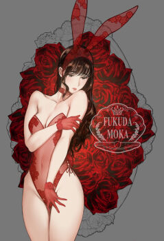 1girl animal_ears bare_shoulders breasts brown_eyes brown_hair character_request choker closed_mouth covering_privates embroidery flower gloves hand_on_own_arm highres leotard long_hair medium_breasts original playboy_bunny rabbit_ears red_gloves red_leotard rose side-tie_leotard simple_background tagme thighs tsukino_wagamo