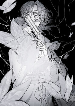 1boy absurdres alternate_costume beard_stubble black_background broken_glass bug butterfly cigarette closed_mouth coat collared_shirt cowboy_shot crack cracked_background cracked_glass dress_shirt e.g.o_(project_moon) facial_hair finger_on_trigger floating_hair formal_clothes glass glasses gloves gregor_(project_moon) greyscale gun hair_between_eyes hair_over_one_eye half-closed_eyes hand_up handgun highres holding holding_gun holding_weapon insect limbus_company long_hair long_sleeves looking_at_viewer looking_down looking_to_the_side low_ponytail male_focus monochrome necktie official_alternate_costume one_eye_covered pants parted_bangs parted_lips pistol ponytail project_moon revolver shirt sidelocks sideways_glance simple_background smile smirk solemn_lament_(e.g.o) solo standing stubble suit too_many too_many_butterflies uibou00000 upper_body vest wavy_hair weapon wing_collar