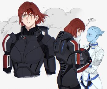 2girls alien armor asari_(mass_effect) blood blood_on_face blue_eyes blue_skin colored_skin commander_shepard commander_shepard_(female) commentary_request green_eyes helmet highres holding holding_unworn_helmet liara_t'soni mass_effect_(series) multiple_girls multiple_views red_hair umiumi8 unworn_headwear unworn_helmet