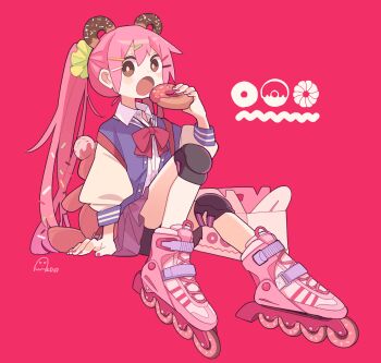 1girl aida_(aidia) backpack bag bike_shorts bike_shorts_under_skirt boots bow bowtie box bright_pupils brown_eyes commentary_request donut donut_hair_ornament food food-themed_hair_ornament full_body green_scrunchie hair_ornament hairclip highres holding holding_food inline_skates jacket knee_pads knee_up letterman_jacket long_hair long_sleeves looking_at_viewer loose_bowtie open_mouth original pink_boots pink_hair pink_skirt pleated_skirt red_background red_bow red_bowtie red_nails roller_skates scrunchie shirt signature sitting skates skirt solo sprinkles stuffed_animal stuffed_toy teddy_bear twintails white_shirt