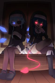 2girls absurdres black_shirt black_shoes black_thighhighs black_veil blue_eyes blue_hair boots closed_mouth clothes_lift commentary_request commission cross crossed_legs demon_girl demon_tail detached_wings double-parted_bangs eyepatch glowing glowing_eyes hair_between_eyes hair_ornament hh highres holding_own_skirt korean_commentary long_sleeves multiple_girls nun nun_headdress one_eye_covered open_mouth original red_eyes sharp_teeth shirt shoes sitting skirt sleeves_past_fingers sleeves_past_wrists smile tail teeth thighhighs veil white_skirt window wings x_hair_ornament