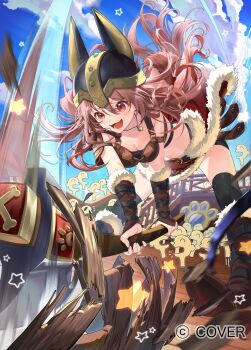 Rule 34 | 1girl, :d, absurdres, animal ear helmet, animal ears, animal helmet, armor, axe, battle axe, bike shorts, bike shorts under skirt, bikini armor, black shorts, black thighhighs, blue sky, bone hair ornament, boots, bracer, braid, breasts, brown boots, brown eyes, brown hair, cartoon bone, cleavage, cloud, commentary request, copyright name, day, dog ears, dog girl, dog tail, double-parted bangs, extra ears, floating hair, fur-trimmed boots, fur-trimmed bracer, fur skirt, fur trim, hair between eyes, hair ornament, highres, holding, holding axe, hololive, inugami korone, inugami korone (viking), jewelry, knee boots, leather armor, listener (inugami korone), long hair, medium breasts, messy hair, miniskirt, mucchiri shiitake, necklace, official alternate costume, official alternate hairstyle, official art, open mouth, outdoors, pauldrons, red skirt, shorts, shoulder armor, side braid, single pauldron, skirt, sky, smile, solo, tail, thighhighs, virtual youtuber, weapon