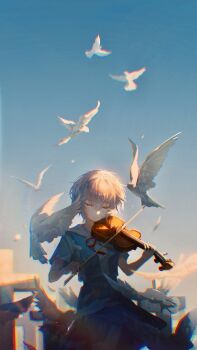 1girl absurdres ayanami_rei bird blue_hair blue_sky bow_(music) breasts closed_eyes cropped_legs cross dove feathers feet_out_of_frame flat_chest flock grave graveyard hair_between_eyes highres holding holding_instrument instrument music necktie neon_genesis_evangelion outdoors playing_instrument red_eyes red_ribbon ribbon school_uniform shirt short_hair skirt sky small_breasts smile solo tokyo-3_middle_school_uniform tombstone user_dzvv5374 violin white_bird white_feathers white_shirt