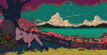 Rule 34 | 1girl, ahoge, artdroiiid ii, beach, black sailor collar, black skirt, blue sky, brown shoes, building, cherry blossoms, closed mouth, cloud, collarbone, commentary, double-parted bangs, english commentary, falling petals, fence, floating hair, flower, grass, hair between eyes, highres, holding, holding flower, knees up, loafers, long hair, long sleeves, looking at viewer, mountainous horizon, neckerchief, ocean, orange flower, orange tulip, original, petals, pink eyes, pink hair, red flower, red neckerchief, red tulip, sailor collar, scenery, school uniform, serafuku, shirt, shoes, sidelocks, sitting, skirt, sky, smile, socks, soil, solo, split mouth, tombstone, town, tree, tulip, white flower, white shirt, white socks, wide shot, wooden fence