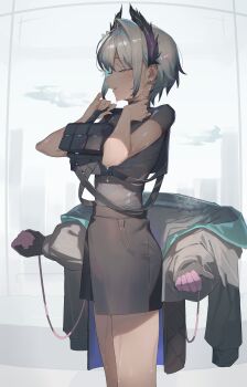 1girl absurdres arknights black_gloves black_jacket black_shirt black_shorts closed_eyes clothes_down commentary cowboy_shot earrings erulusyro extra_arms gloves grey_hair highres hot jacket jewelry parted_lips pink_gloves pouch profile raidian_(arknights) shirt short_hair short_sleeves shorts solo sparkle standing strap sweat turtleneck turtleneck_shirt