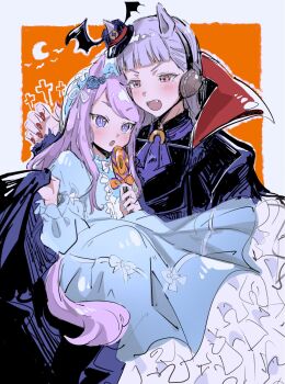 2girls alternate_costume an_(tmso_ntm) animal_ears ascot bat_(animal) black_cape black_jacket black_suit blue_dress blue_veil blunt_bangs blush breasts candy cape carrying carrying_person crescent_moon dress ears_through_headwear fang flower food formal_clothes gold_ship_(umamusume) grey_hair hair_flower hair_ornament halloween halloween_costume hat highres holding holding_candy holding_food holding_lollipop horse_ears horse_girl horse_tail jacket lollipop long_hair long_sleeves mejiro_mcqueen_(umamusume) mini_hat moon multiple_girls open_mouth popped_collar princess_carry purple_ascot purple_eyes purple_hair red_nails suit swirl_lollipop tail umamusume veil wing_hat_ornament
