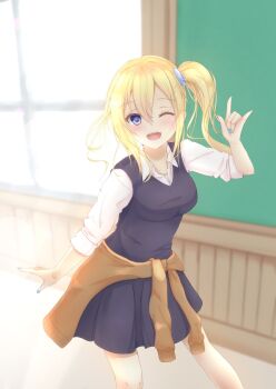 1girl ;d \m/ all_justice arm_at_side backlighting blonde_hair blue_eyes blue_nails blush breasts cardigan cardigan_around_waist clothes_around_waist collared_shirt commentary_request cowboy_shot day dress eyelashes hand_up happy hayasaka_ai highres indoors kaguya-sama_wa_kokurasetai_~tensai-tachi_no_renai_zunousen~ large_breasts long_hair long_sleeves looking_at_viewer nail_polish one_eye_closed open_mouth pinafore_dress school_uniform shirt shuuchiin_academy_school_uniform side_ponytail sidelocks sleeveless sleeveless_dress sleeves_rolled_up smile solo white_shirt window