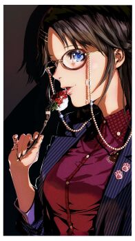 1girl baka4akab black_hair blue_eyes blue_jacket breasts collared_shirt dark_background eyewear_strap food fork fruit glasses hair_ornament hairclip hashtag-only_commentary highres holding holding_fork idolmaster idolmaster_shiny_colors imminent_eating jacket lips mitsumine_yuika paw_print red_shirt shadow shirt small_breasts solo strawberry striped_clothes striped_jacket