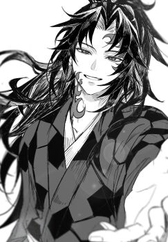 Rule 34 | 1boy, fingernails, greyscale, grin, high ponytail, highres, japanese clothes, kimetsu no yaiba, kimono, long hair, looking at viewer, male focus, monochrome, ponytail, print kimono, reaching, reaching towards viewer, scar, scar on face, scar on forehead, scar on neck, simple background, smile, solo, spiked hair, teeth, tsugikuni michikatsu, upper body, very long hair, white background, yjfengle